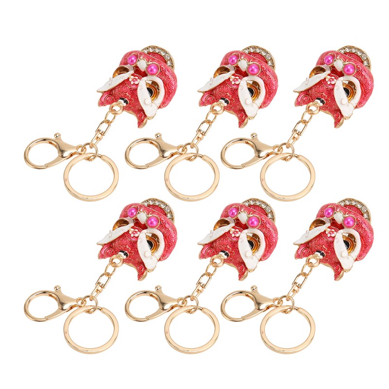 6pcs Lion Dance Keychains Cute Funny Rust Prevention Rhinestone Keychain