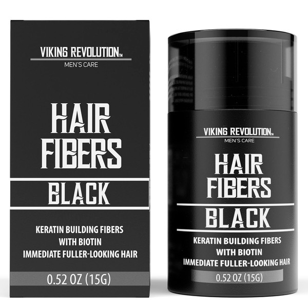Viking Revolution Black Hair Fibers for Thinning Hair Men - Thick Fiber for Bald Spot Cover Up - Hair Building Fibers with Kerating and Biotin - Hair Fiber for Men for Thicker and Fuller Look (0.52oz)