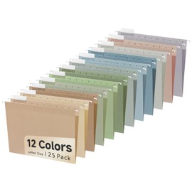 25pcs Decorative Hanging File Folders,Filing Cabinet, Letter Size with 1/5-Cut Adjustable Tab Durable 12 Color Assorted,Pastel