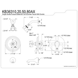 Kingston Brass KB36310AX Restoration Tub and Shower Faucet with Metal Cross Handle, Polished Chrome