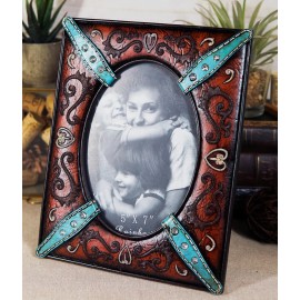 Ebros Gift Western Floral Lace Turquoise Belt Faux Tooled Leather Easel Picture Frame 5"X7"