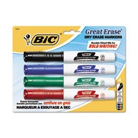 BIC Great Erase Grip XL Dry Erase Markers, Chisel, Assorted, 4/Set