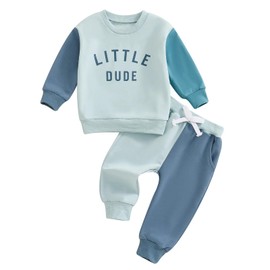 Toddler Baby Boys Tracksuit Outfit Color Block Long Sleeve Sweatshirt Tops + Pants 2PCS Sweatsuit Clothes Set (18-24 Months, Little Dude-Blue)