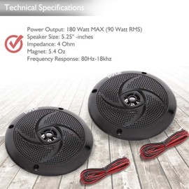 Pyle Waterproof Marine Speakers - Pair of 5.25" 180 Watt Low Profile Slim Style System - Weather Resistant Outdoor Rated Speakers for Boat, Patio, Poolside, Deck, Home (Black)