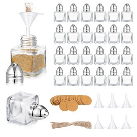 ZhouZGlass 24 Pcs Mini Salt and Pepper Shakers with Tone Tops, Clear Mini Glass Seasoning Jars, Spice Salt Shakers with Funnel for Wedding Party Home Restaurant Kitchen (Silver)