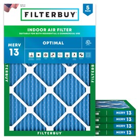Filterbuy 13x18x1 Air Filter MERV 13 Optimal Defense (5-Pack), Pleated HVAC AC Furnace Air Filters Replacement (Actual Size: 13.00 x 18.00 x 0.75 Inches)