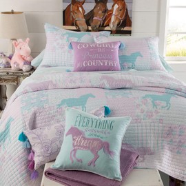 Rod's Cowgirl Princess Bed in a Bag Full Western Reversible Pony Pastel Horses and Floral Quilt. with Pink and Blue Colors and Square Patterns.