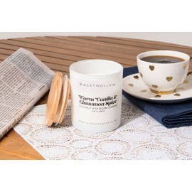 SweetHollow Vanilla Cinnamon Fragrance Candle in White Glass Jar with Wood Lid | Highly Scented & Long Lasting Coconut Wax Luxury Candle for Home and Gifts | Aromatherapy & Relaxation | Large 6.8 oz.