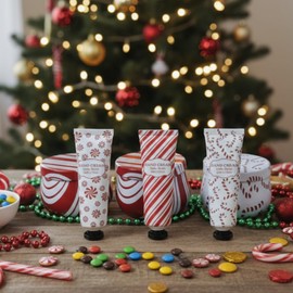 Dansib 6 Set/ 12 Pcs Xmas Candy Cane Design Gift Bulk for Women 3.5oz Peppermint Scented Candles Hand Cream Lotion Set Christmas Stocking Stuffer Travel Size Mini Hand Lotion for Gift Basket Favor