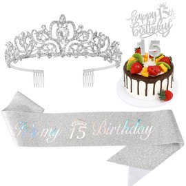 Hapdoo 15th Birthday Decorations for Girls, Including Birthday Rhinestone Crown Tiara, Glitter Sash with Pearl Pin, 15 Year Old Birthday Decorations Gifts for Girls, Silver