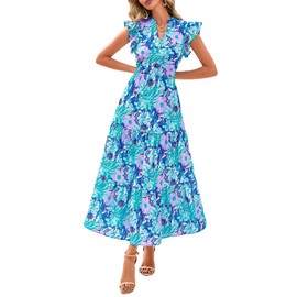 PRETTYGARDEN Women's 2025 Summer Floral Midi Dress Cap Sleeve V Neck Ruffle Long Flowy Boho Casual Beach Vacation Dresses (Floral Purple Blue,Medium)