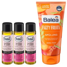 Balea Set of 4 Hair Care: Professional Hair Oil Elixir Shiny & Long Care Shine for Long Damaged Hair (3 x 20 ml) + Hair Conditioner Fizzy Fruits Apricot Kernel Oil, Provitamin B5 (200 ml), 260 ml