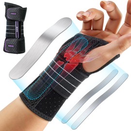 Rakiie Wrist Support, Adjustable Night Wrist Support with 3 Metal Splints, Hand Splint for Men and Women, No Pressure on Thumb, Splint Stabilizer, Purple, Right Hand, M