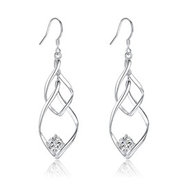 Sterling Silver Dangle Drop Earrings for Women, Cubic Zirconia Double Twisted Linear Marquise Loops French Wire CZ Earring | Hypoallergenic Cartilage Piercing Dangle Jewelry (Silver)