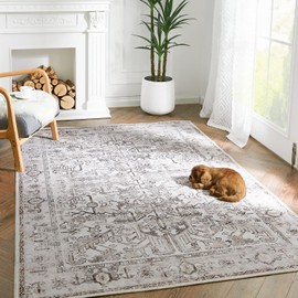 jinchan Area Rug 5x7 Washable Persian Rug Living Room Vintage Rug Boho Area Rug Non Slip Accent Rug Thin Rug Retro Floral Print Indoor Mat for Bedroom Kitchen Taupe