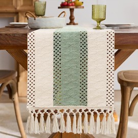 Table Runner Green, Sage Green, Modern Boho Decorative Tablecloth, Cheese Cloth Table Runner, Crochet Lace Table Runner, Vintage Tassel Table Runner for Holiday, Party, Wedding, Birthday, Kitchen