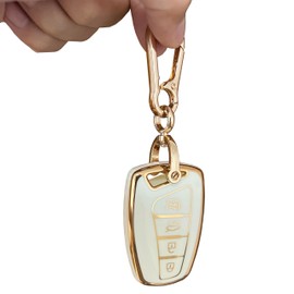 QIXIUBIA for Hyundai Key Fob Cover Smart Key Shell with Gold Keychain Fit for Hyundai Genesis Santa Fe Equus Azera Car Smart Keys (White)