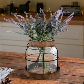 Farmhouse Glass Vase, Vintage Flower Vase with Wood Frame and Metal Handle for Rustic Housewarming Home Decor Floral Arrangements Living Room Dining Room Kitchen (Flowers NOT Included)