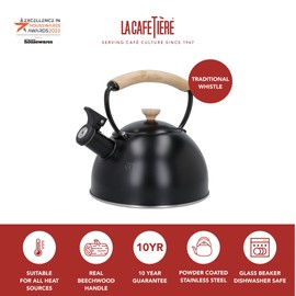 La Cafetière LCWHKETBLK Black Whistling Kettle with Wooden Handle, 1.6L, Stainless Steel, 1.6 liters