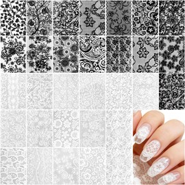 30 Pcs Nail Transfer Foil, Lace Nail Foil, Lace Nails Stickers, Flower Nails Foils Transfer Nail Art for DIY Acrylic Nails Manicure Wraps Decoration Women (White, Black)