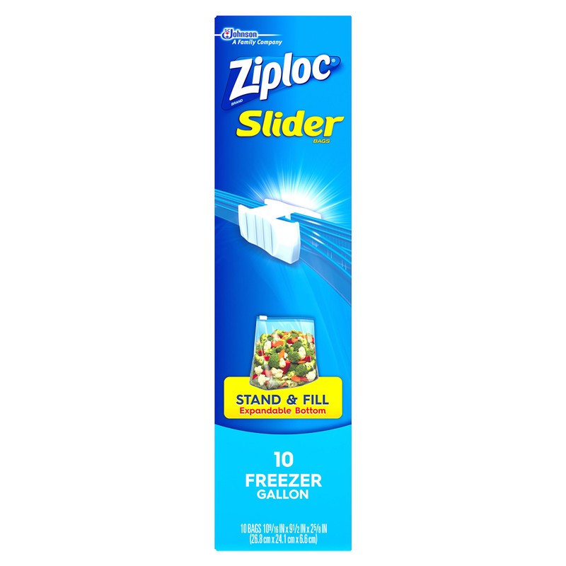 Ziploc Slider Freezer Bags, Stand-and-Fill with Expandable Bottom, Gallon, 10