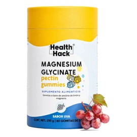 Glicinato de Magnesio en Gomitas, 410 mg de Magnesio Elemental como Glicinato por Porción, Sabor Uva, Sin Azúcar, Suplemento Vegano Sin Gluten ni Colorantes Artificiales, 60 Gomitas Health Hack