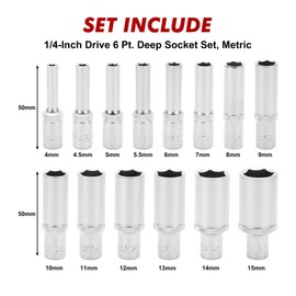 CASOMAN 14 PCS 1/4-Inch Drive Metric Deep Socket Set, 6-Point, Long Socket, 4-15 mm, CR-V
