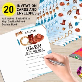 UDNADKEX Baby Shower Invitations for Cowboy with Envelopes, Western Invites for Baby Shower Party Country, Wild West Baby Shower Invite Cards, A Little Cowboy 4"x6" Set of 20
