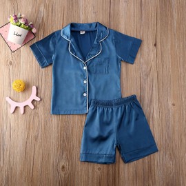 MAINESAKA Toddler Baby Girl Boy Satin Pajamas Set 2Pcs Button Down Pjs Solid Color Short Sleeve Silk Top And Shorts Sleepwear (C-Blue, 3-4 Years)