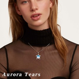Aurora Tears Turtle Necklace Sea Turtle Pendant 925 Sterling Silver Birthstone Colour Gradient Colourful Mermaid Scales Cute Animal Pendant Charm Necklace, Cubic Zirconia