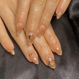Star Moon Press on Nails 3D Gold Fake Nails Short Almond False Nails with Design French Tip Glue on Nails Glossy Artificial Acrylic Full Cover Ombre Stick on Nails for Women Manicure 24Pcs