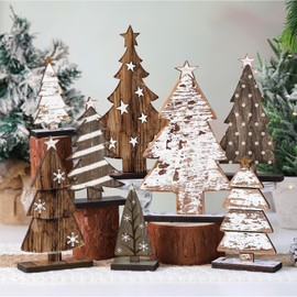 Moucuny 8 Pcs Wooden Christmas Trees Tabletop Decor Rustic Christmas Decor Wooden Trees Sign for Home Office Fireplace Farmhouse Party Xmas Centerpieces (Retro)