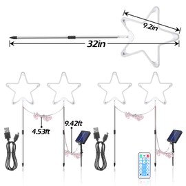 4th of July Decorations Red White and Blue Lights, 4PCS Big Neon Star Pathway Lights Solar Garden Lights Outdoor with Timer& Remote for Independence Day Memorial Day Wedding Christmas Party Patio