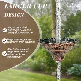 HANAYARD Rain Chain Gutter Downspout Antique Copper Rain Chains for Gutters with 12 Cups, Adjustable Rain Catcher Chain with Bell for Outside Water Diverter Decorative Garden Rain Chimes, 8.5 Ft