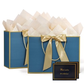 JMANNI Medium Gift Bags with Tissue Paper, 2Pcs with Handle and Bow Ribbon for Any Occasion 11''x7.87''x4'' (Golden-Blue)