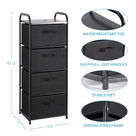 MAX Houser 4 Drawer Fabric Dresser Tall Storage Tower, Dresser Chest with Wood Top, Vertical Nightstand Side Organizer Unit with Metal Frame for Closets Bedroom Nursery Room Hallway(Black)