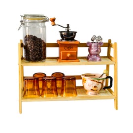 Wooden 2-Tier Storage Rack, Coffee Bar Organizer, Countertop Spice Shelf, Cupcake Dessert Display Stand, 15.4 x 6.9 x 11.2 Inches, Rustic Brown Kitchen Storage - Installation Kit Included
