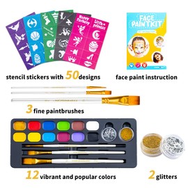 Transon 12colors Face Painting Kit for Kids Adults Non-toxic Water-based Paint with Brushes Stencils and Glitters