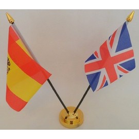 Spain State Spanish Union Jack 2 Flag Friendship Table Display With Gold Base