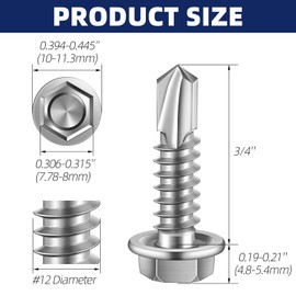 #12 x 3/4" Hex Washer Head Self Drilling Sheet Metal Screws with Drill Point, Stainless Steel 410, 100 PCS
