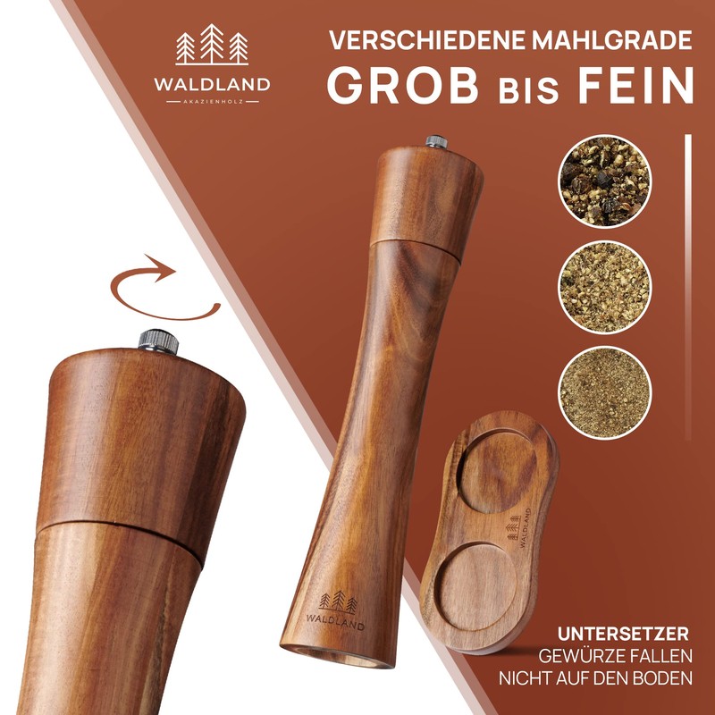 WALDLAND® Wooden Salt and Pepper Mill with Saucer Large (21