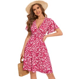 Pink Summer Dresses for Women 2025 Vacation Casual V-Neck Floral Wrap Sundress Flutter Sleeve Knee Length Graduation Dress,Medium