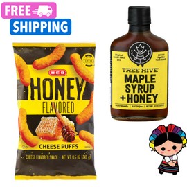 HEB Tree Hive Maple Syrup & Honey 8.5 oz and H-E-B Honey-Flavored Cheese Puffs, 8.5