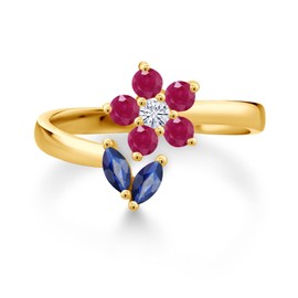 Gem Stone King 18K Yellow Gold Plated Silver Blue Sapphire Red Ruby and White Moissanite Flower Open Ring For Women (0.56 Cttw, Gemstone September Birthstone, Available In Size 5, 6, 7, 8, 9)