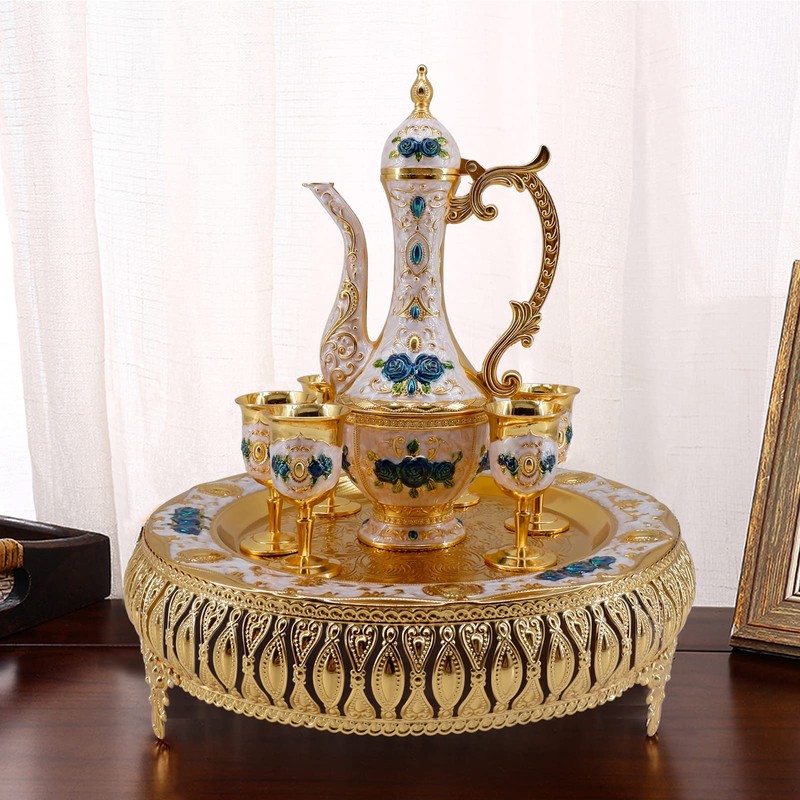 Turkish Coffee Cup and Tea Pot Set Including Teapot,Tea Tray,6