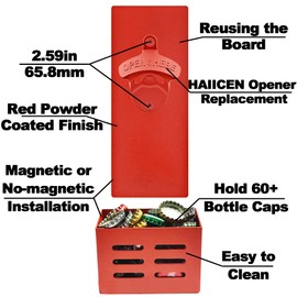 HAIICEN Red Bottle Opener Wall Mount Magnetic Beer Bottle Opener with Cap Catcher for Fridge Metal Surface