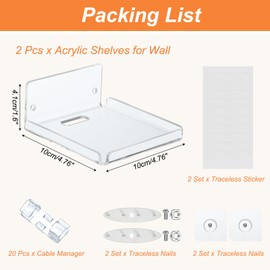 PATIKIL 4" Small Floating Shelves, 2 Pcs Clear Acrylic Shelves for Wall Small Clear Wall Shelf Bathroom Shelves with Cable Manager for Bedroom Living Room Book Shelf Kitchen