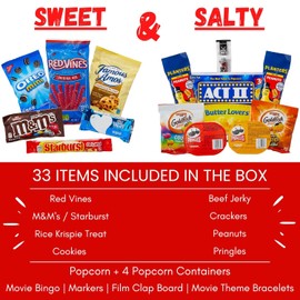 Movie Night Gift Basket – 33-Piece Gift Box with Popcorn, Candy, Snacks & Bingo – Birthdays, Date Night, Family, Kids, Adults, Mom, Dad, Teens, Christmas, Mothers Day, Fathers Day, Raffle & Fundraiser