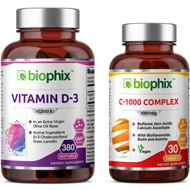 biophix Vitamin D-3 10000 IU 380 Softgels - Free Vitamin C-1000 30 Tablets -High-Potency in Extra Virgin Olive Oil Non-GMO Soy-Free Supports Strong Bones Immune Health