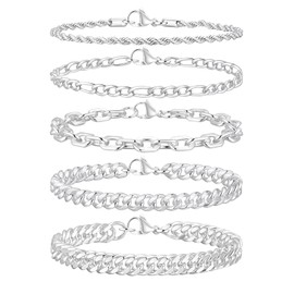 VNOX Silvering Silver Bracelet for Men, 5 Pcs Sturdy Sterling Silver Plating Rope/Figaro/Paperclip/Cuban Link Chain Bracelets Set Wrist Band for Men Women, 8.3 Inches